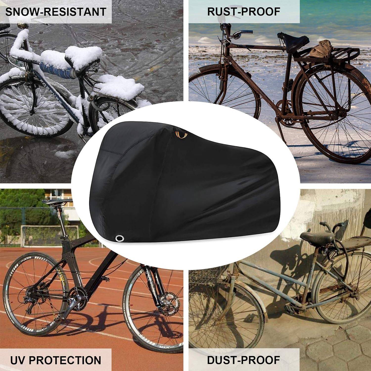 A waterproof cover protecting a bicycle stored outdoors