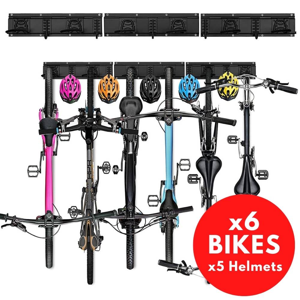 Bicycles stored on a wall rack in a garage, off the floor and clear of the walkway